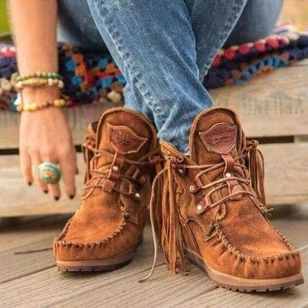 Winter Thick-Soled Fringed Lace-Up Women's Short Boots